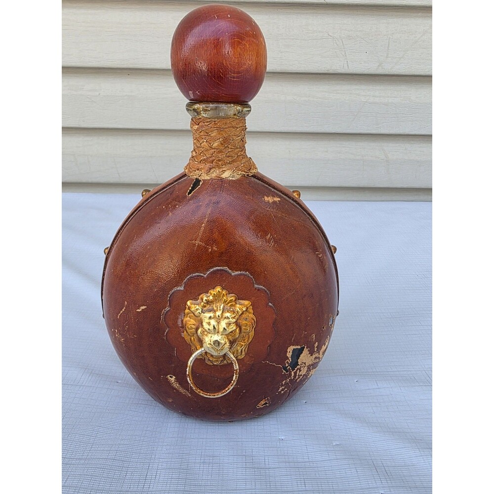 Vintage Mid Century Italian Leather Decanter Lion Head Italy Made Barware Decor